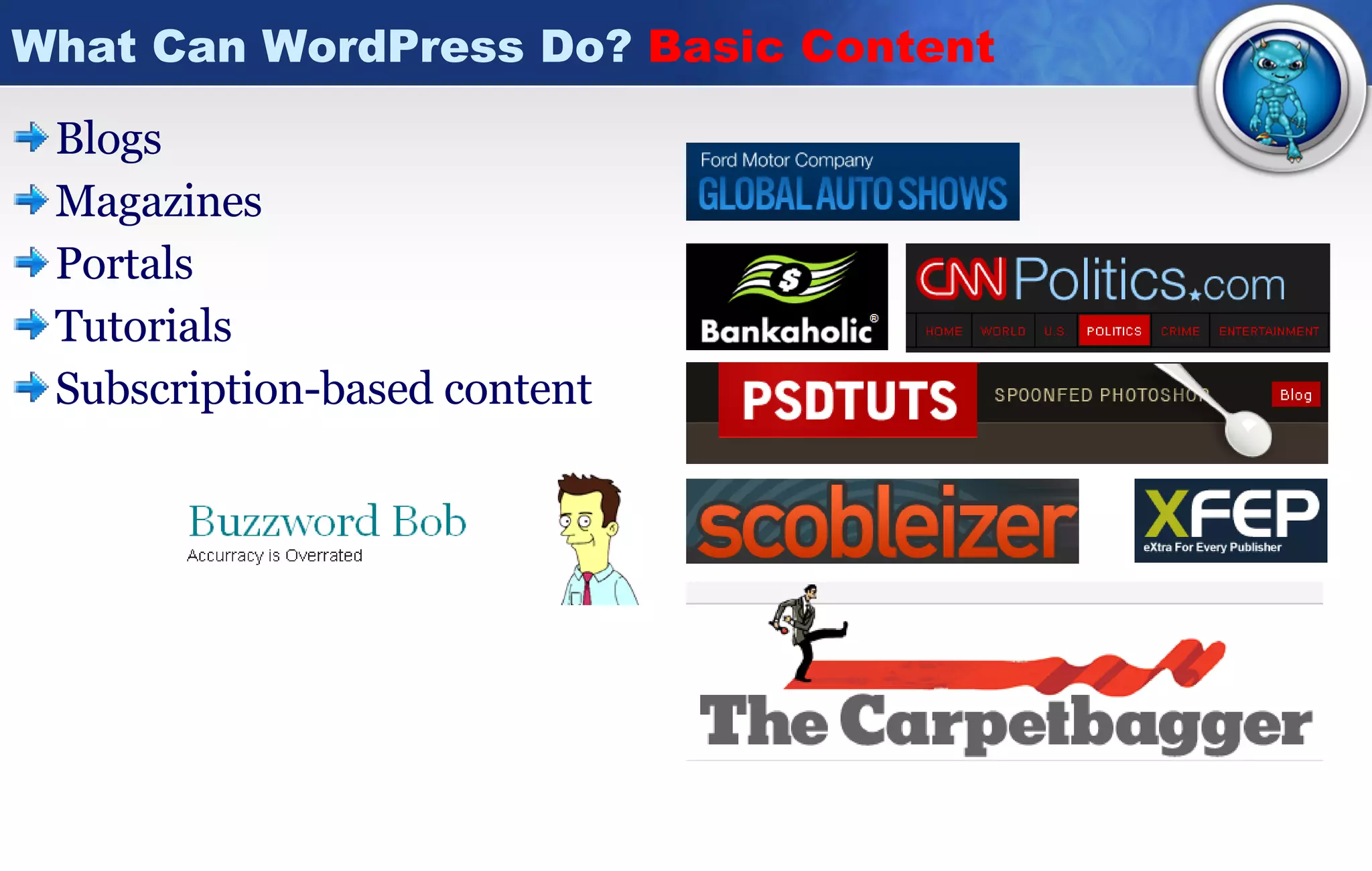 What Can WordPress Do?  Basic Content Blogs Magazines Portals Tutorials Subscription-based content 