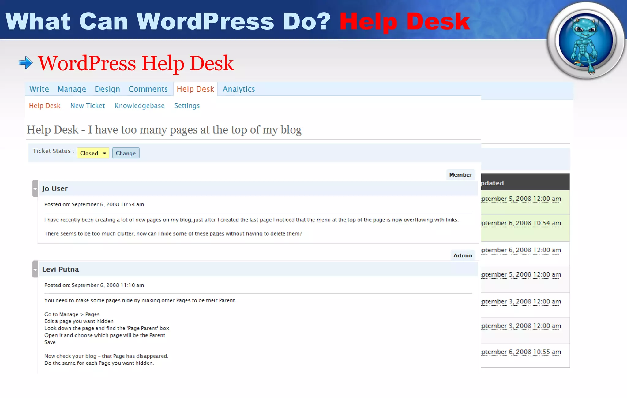 What Can WordPress Do?  Help Desk WordPress  Help Desk Flexible Configuration.  Email Notification.  Accessible From Anywhere.  Full History Retention.  Integrated Seamlessly into WordPress Admin.  Reporting For Admin.  Different Views Depending On User Level.  Live Suggestions And Hints. 