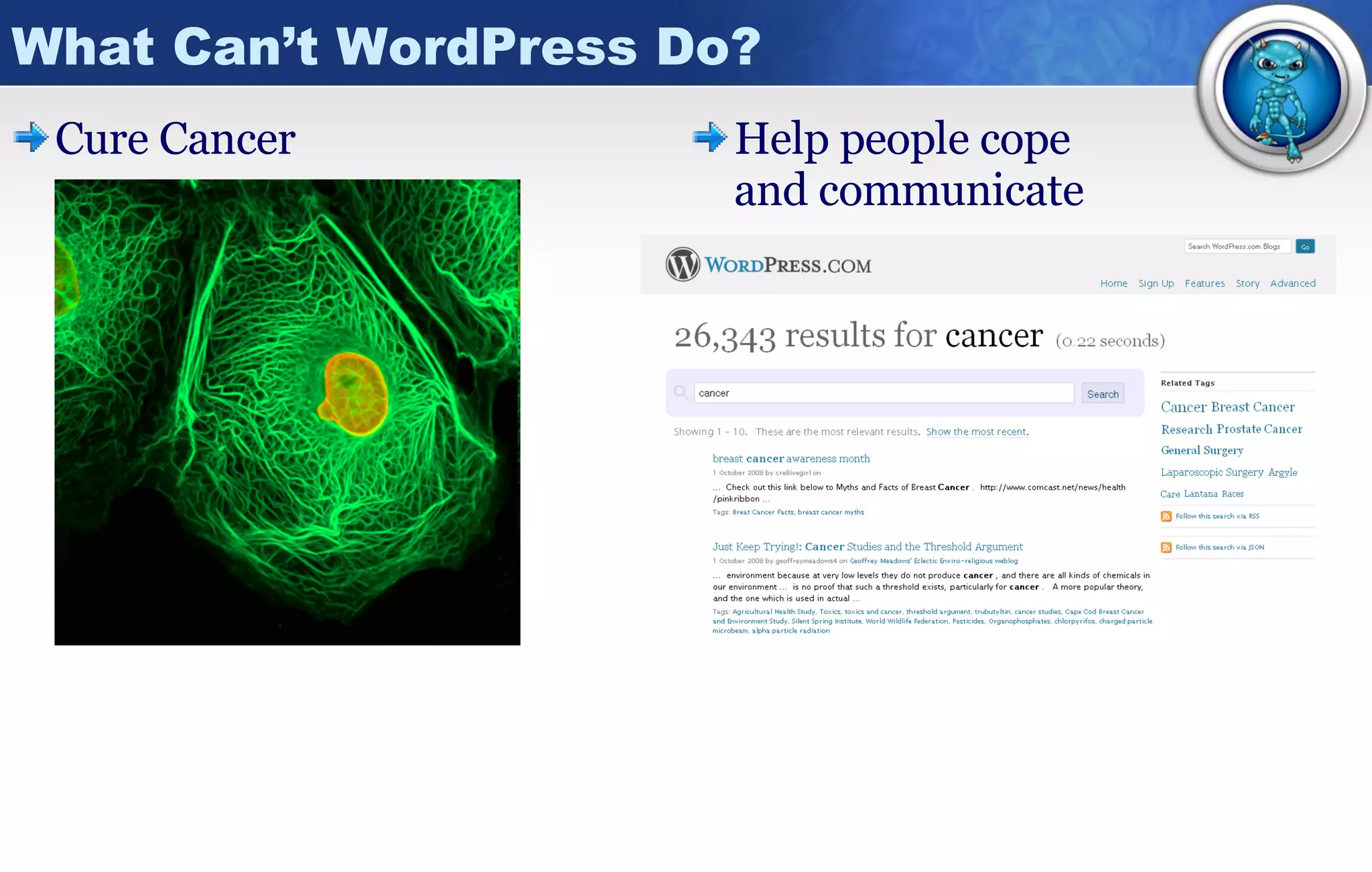 What Can’t WordPress Do? Cure Cancer Help people cope and communicate 