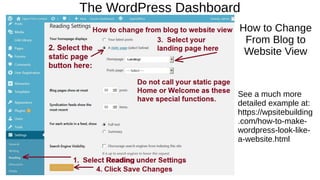 The WordPress Dashboard
How to Change
From Blog to
Website View
See a much more
detailed example at:
https://wpsitebuilding
.com/how-to-make-
wordpress-look-like-
a-website.html
 