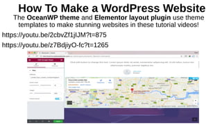 How To Make a WordPress Website
The OceanWP theme and Elementor layout plugin use theme
templates to make stunning websites in these tutorial videos!
https://youtu.be/2cbvZf1jIJM?t=875
https://youtu.be/z7BdjiyO-fc?t=1265
 