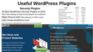 Useful WordPress Plugins
Security Plugins
10 Best WordPress Security Plugins in 2019
https://www.wpblog.com/top-security-plugins-for-wordpress/
https://sucuri.net/ (Most effective in FREE mode)
https://www.wordfence.com/
https://wordpress.org/plugins/all-in-one-wp-security-and-firewall/
 