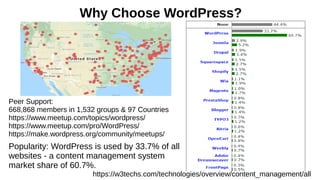 Why Choose WordPress?
Popularity: WordPress is used by 33.7% of all
websites - a content management system
market share of 60.7%.
https://w3techs.com/technologies/overview/content_management/all
Peer Support:
668,868 members in 1,532 groups & 97 Countries
https://www.meetup.com/topics/wordpress/
https://www.meetup.com/pro/WordPress/
https://make.wordpress.org/community/meetups/
 