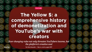 YouTube Demonetization
March 2017, YouTube: “Put in place changes that
would give brands more control over where their ads
appear.”
DRAFT
Censorship
Centralization (single point of failure)
Costs / Universal / Innovation / Vendor Lock-ins
Source
 