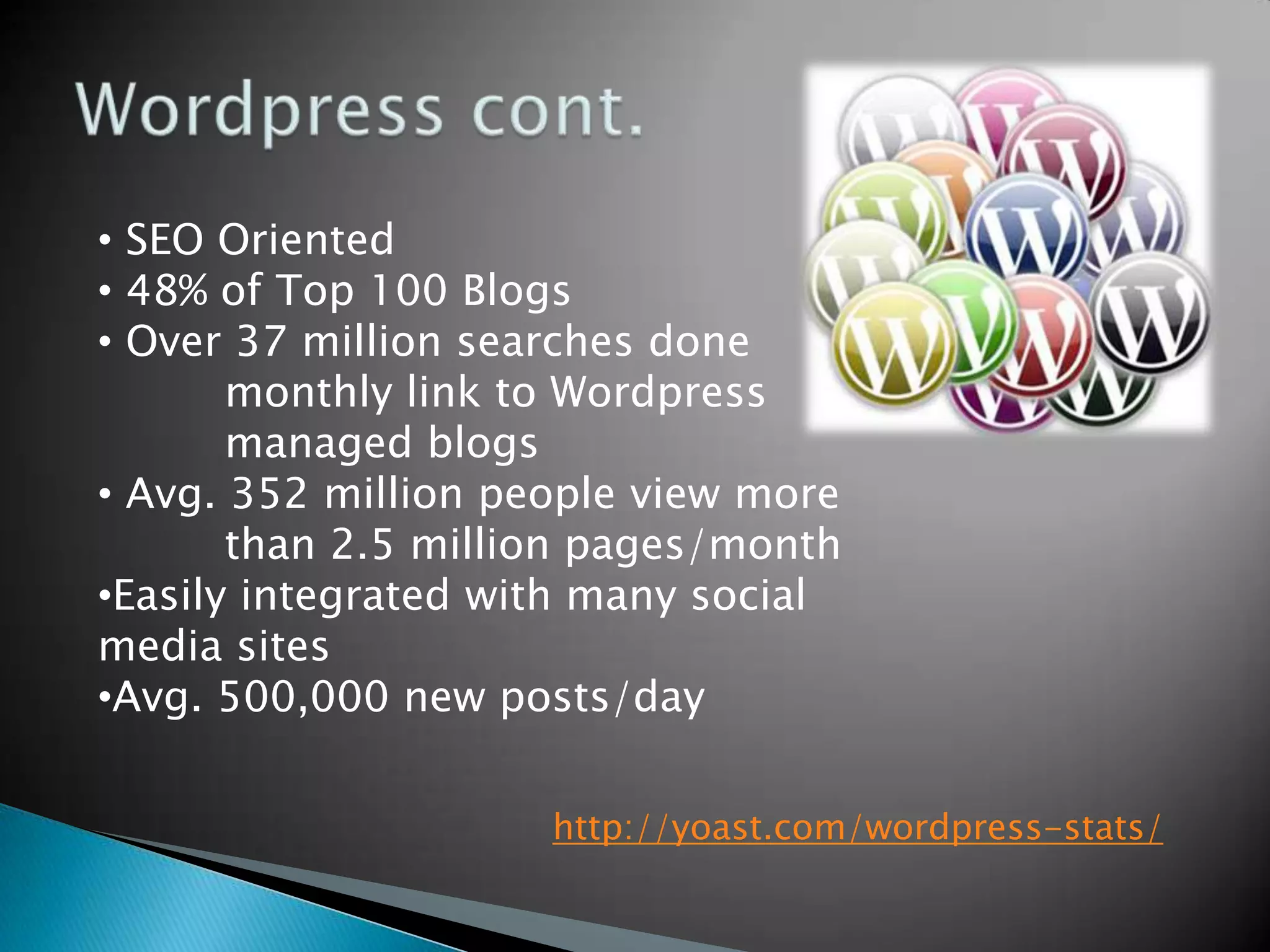 • SEO Oriented
• 48% of Top 100 Blogs
• Over 37 million searches done
       monthly link to Wordpress
       managed blogs
• Avg. 352 million people view more
       than 2.5 million pages/month
•Easily integrated with many social
media sites
•Avg. 500,000 new posts/day


                     http://yoast.com/wordpress-stats/
 