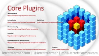 W3 Total Cache
https://wordpress.org/plugins/w3-total-cache/
BackupBuddy BackWPup
https://ithemes.com/purchase/backupbuddy/ https://wordpress.org/plugins/backwpup/
iThemes Security
https://wordpress.org/plugins/better-wp-security/
Yoast SEO
https://wordpress.org/plugins/wordpress-seo/
Google Analytics by MonsterInsights
https://wordpress.org/plugins/google-analytics-for-wordpress/
StatusCake Pingdom
https://www.statuscake.com/wordpress-downtime-monitoring/ https://www.pingdom.com/
 