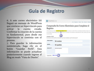 7
6. A este correo electrónico (6)
llegará un mensaje de WordPress
que contiene un hipervínculo para
activar la cuenta creada.
Confirmar la creación de la cuenta
es fundamental, pues desde ese
hipervínculo se continúa con el
proceso.
7. Para guardar la información
suministrada, haga clic en el
botón “Guardar Perfil”. Esta
información se puede actualizar
posteriormente cuando ingrese al
Blog en modo “Vista de Diseño”.
 
