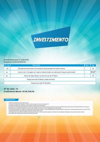 Investimento Mensal: R$ 86.940,00
Nº de cotas: 04
120 Chamadas de envolvimento com assinatura do patrocinador em horário rotativo
DescriçãoNº Ins.
-
Dur.
05"
04 Anúncios de ¼ de página em caderno indeterminado com aplicação de logo do patrocinador. -
Aplicação
de logo
05 Diárias de Super Banner na home do site da TV Diário. -
Ass.
OBSERVAÇÕES:
- Cobertura jornalística por parte da emissora;
- O preço de veiculação foi calculado com base na lista de preços de Janeiro a Setembro/17;
- O calendário poderá sofrer alterações, sendo avisado ao cliente com antecedência;
- O cliente deverá fornecer a vinheta ou assinatura eletrônica das peças, formato: 72 dpi, 640x480 pixels no formato XDCAM, e o texto de 5" a ser gravado pela emissora e marca em JPG;
- A programação rotativa será distribuída nos períodos: manhã, tarde e noite;
- A emissora reserva-se no direito de exibir chamadas adicionais sem a marca dos patrocinadores, em função de necessidades estratégicas e/ou promocionais dos mesmos;
- Este projeto esta condicionado a venda mínima de 04 cotas/mês.
Investimento para 01 ação/mês
Esquema Comercial Mensal
Espaço para até 02 blimps e ações de Arena.
Espaço para ação de Sampling.
05"
 
