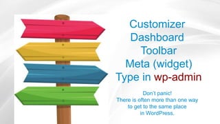 Customizer
Dashboard
Toolbar
Meta (widget)
Type in wp-admin
Don’t panic!
There is often more than one way
to get to the same place
in WordPress.
 