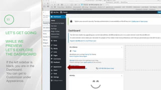 LET’S GET GOING
WHILE WE
PREVIEW
LET’S EXPLORE
THE DASHBOARD
55
If the left sidebar is
black, you are in the
Dashboard.
You can get to
Customizer under
Appearance.
 
