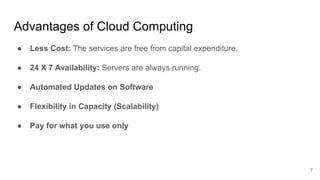 Advantages of Cloud Computing
● Less Cost: The services are free from capital expenditure.
● 24 X 7 Availability: Servers are always running.
● Automated Updates on Software
● Flexibility in Capacity (Scalability)
● Pay for what you use only
7
 