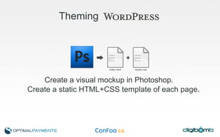 Theming   Create a visual mockup in Photoshop.  Create a static HTML+CSS template of each page . 