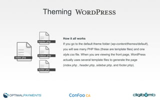 Theming   How it all works If you go to the default theme folder ( wp-content/themes/default ),  you will see many PHP files (these are template files) and one  style.css  file. When you are viewing the front page, WordPress  actually uses several template files to generate the page  ( index.php  ,  header.php ,  sidebar.php , and  footer.php ). 