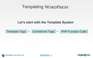 Templating   Let’s start with the Template System Template Tags Conditional Tags PHP Function Calls 