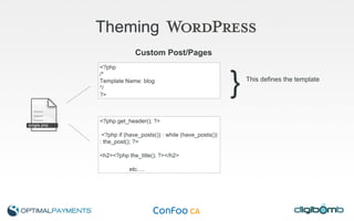 Theming   Custom Post/Pages <?php /* Template Name: blog */ ?> <?php get_header(); ?> <?php if (have_posts()) : while (have_posts()) : the_post(); ?> <h2><?php the_title(); ?></h2> etc….  } This defines the template  