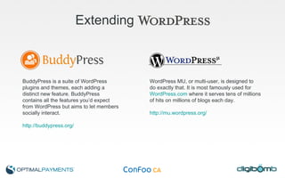 Extending BuddyPress is a suite of WordPress  plugins and themes, each adding a  distinct new feature. BuddyPress  contains all the features you’d expect  from WordPress but aims to let members  socially interact. http://buddypress.org/   WordPress MU, or multi-user, is designed to  do exactly that. It is most famously used for  WordPress.com  where it serves tens of millions  of hits on millions of blogs each day. http://mu.wordpress.org/   