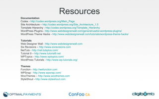Resources Documentation Codex -  http://codex.wordpress.org/Main_Page Site Architecture –  http://codex.wordpress.org/Site_Architecture_1.5 Template Hierarchy -  http://codex.wordpress.org/Template_Hierarchy WordPress Plugins -  http://www.webdesignerwall.com/general/useful-wordpress-plugins/ WordPress Theme Hacks -  http://www.webdesignerwall.com/tutorials/wordpress-theme-hacks/ Tutorials Web Designer Wall -  http://www.webdesignerwall.com Six Revisions –  http://www.sixrevisions.com NetTuts -  http://net.tutsplus.com/ Tutorial 9 –  http://www.tutorial9.net   WPTopics -  http://www.wptopics.com/ WordPress Tutorials -  http://www.wp-tutorials.org/   Themes Function -  http://wefunction.com WPSnap -  http://www.wpsnap.com/ WooThemes –  http://www.woothemes.com StyleShout -  http://www.styleshout.com   