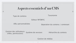 Aspects essentiels d’un CMS
        Type de contenu                           Taxonomie

                               Editeur WYSWYG

         URLs personnalisées              Séparation du contenu / contenant



Gestion des utilisateurs
                         Système de versions      Hiérarchie du contenu
 (rôles, permissions)


                                      Gestion de médias
                                      6
 
