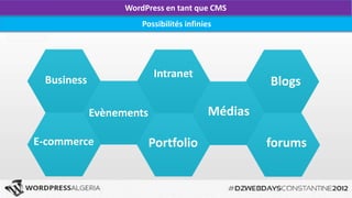 WordPress en tant que CMS
                                Aller plus loin


 Solution simple:
Des milliers de plugins disponibles.

 Solution Techniques
 Custom post types.
   Ajouté dans la version 3 de WordPress, les Custom Post Types
permettent de créer une interface de gestion et d’affichage de votre
contenu adapté selon vos besoins.

*S’ajoute à cela le développement de plugins et themes personnalisés.
 