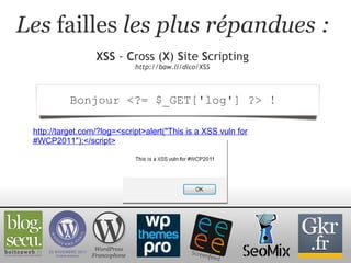 Les  failles  les plus répandues : XSS  -  C ross ( X )  S ite  S cripting http://baw.li/dico/XSS WordPress Francophone Bonjour <?= $_GET['log'] ?> !  http://target.com/?log=<script>alert("This is a XSS vuln for #WCP2011");</script> 