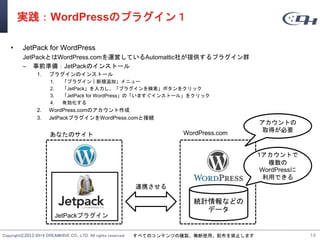 Copyright©2012-2014 DREAMHIVE CO., LTD. All rights reserved. すべてのコンテンツの複製、無断使用、配布を禁止します
実践：WordPressのプラグイン１
• JetPack for WordPress
JetPackとはWordPress.comを運営しているAutomattic社が提供するプラグイン群
– 事前準備：JetPackのインストール
1. プラグインのインストール
1. 「プラグイン｜新規追加」メニュー
2. 「JetPack」を入力し、「プラグインを検索」ボタンをクリック
3. 「JetPack for WordPress」の「いますぐインストール」をクリック
4. 有効化する
2. WordPress.comのアカウント作成
3. JetPackプラグインをWordPress.comと接続
14
WordPress.comあなたのサイト
JetPackプラグイン
連携させる
統計情報などの
データ
アカウントの
取得が必要
1アカウントで
複数の
WordPressに
利用できる
 