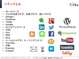 Copyright©2012-2014 DREAMHIVE CO., LTD. All rights reserved. すべてのコンテンツの複製、無断使用、配布を禁止します
メディアとは
• ホームページ
• ブログ(社長ブログ、社員ブログ、個人ブログ)
• Goolge+
• Facebook
• Twitter
• Ameblo
• はてなブックマーク
• LINE
• mixi
• RSS
• bit.ly
• メール(メルマガ、メーリングリスト)
• YouTube
• 印刷
• Evernote
• LinkedIn
6
* 6
 