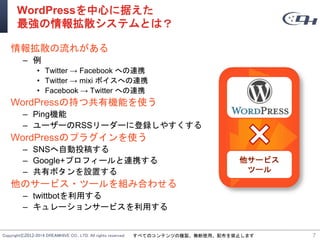 Copyright©2012-2014 DREAMHIVE CO., LTD. All rights reserved. すべてのコンテンツの複製、無断使用、配布を禁止します
WordPressを中心に据えた
最強の情報拡散システムとは？
情報拡散の流れがある
– 例
• Twitter → Facebook への連携
• Twitter → mixi ボイスへの連携
• Facebook → Twitter への連携
WordPressの持つ共有機能を使う
– Ping機能
– ユーザーのRSSリーダーに登録しやすくする
WordPressのプラグインを使う
– SNSへ自動投稿する
– Google+プロフィールと連携する
– 共有ボタンを設置する
他のサービス・ツールを組み合わせる
– twittbotを利用する
– キュレーションサービスを利用する
7
 