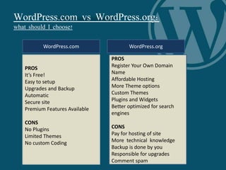WordPress.com vs WordPress.org:
what should I choose?
WordPress.com WordPress.org
PROS
It’s Free!
Easy to setup
Upgrades and Backup
Automatic
Secure site
Premium Features Available
CONS
No Plugins
Limited Themes
No custom Coding
PROS
Register Your Own Domain
Name
Affordable Hosting
More Theme options
Custom Themes
Plugins and Widgets
Better optimized for search
engines
CONS
Pay for hosting of site
More technical knowledge
Backup is done by you
Responsible for upgrades
Comment spam
 