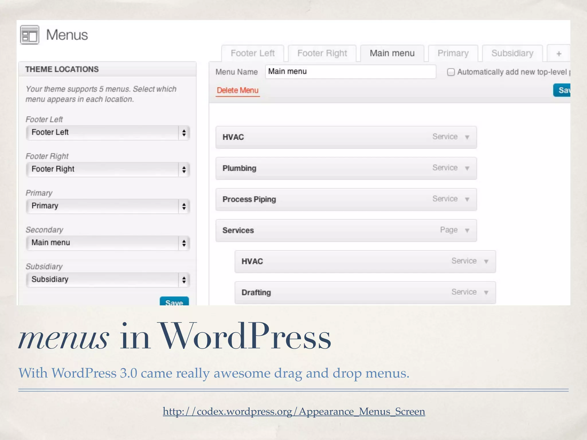 menus in WordPress
With WordPress 3.0 came really awesome drag and drop menus.

                     http://codex.wordpress.org/Appearance_Menus_Screen
 