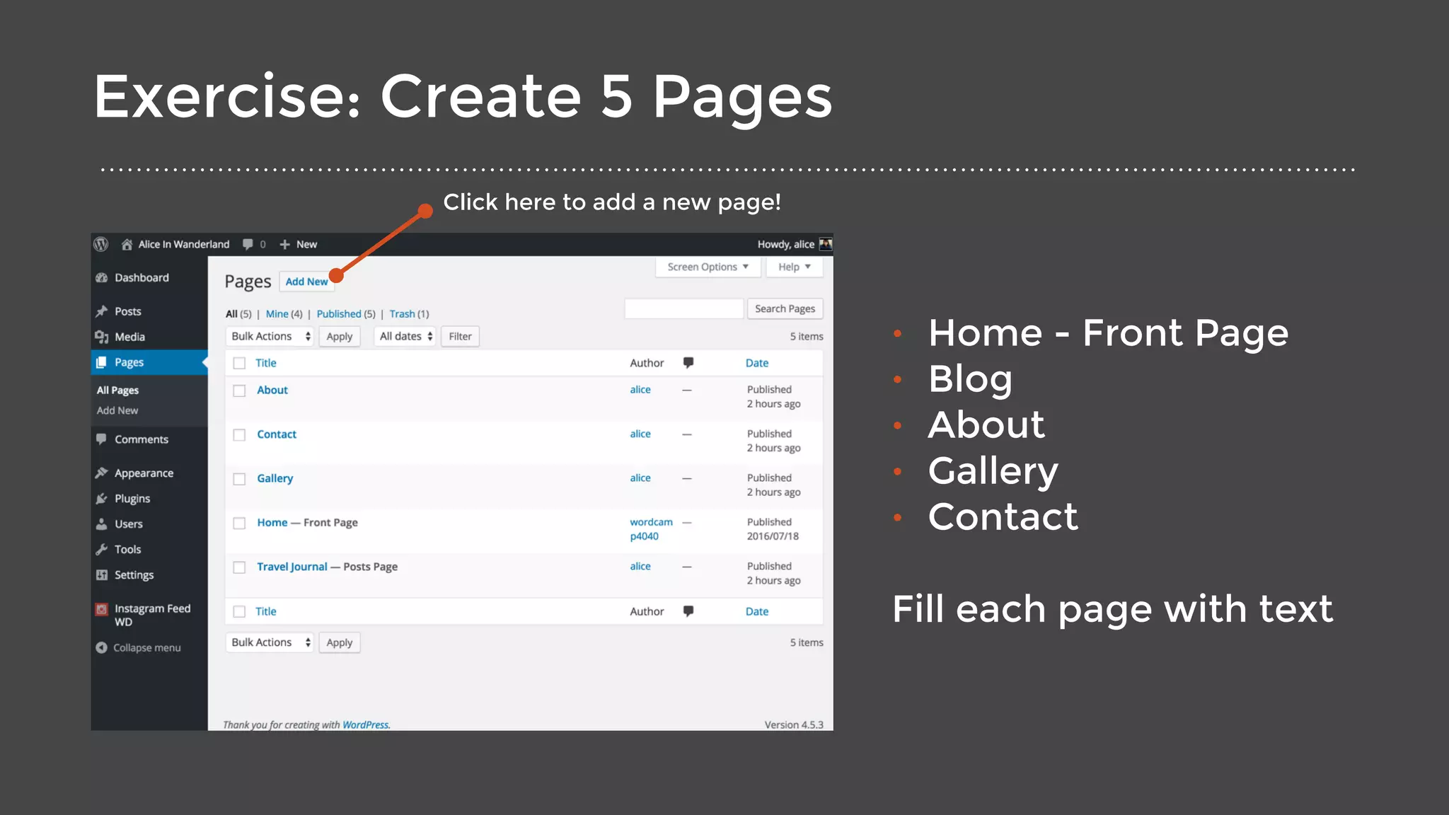 Exercise: Create 5 Pages
• Home - Front Page
• Blog
• About
• Gallery
• Contact
Fill each page with text
Click here to add a new page!
 