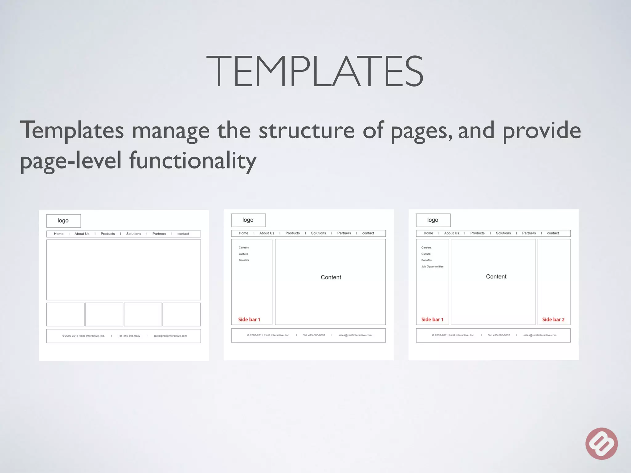 TEMPLATES 
Templates manage the structure of pages, and provide 
page-level functionality 
 