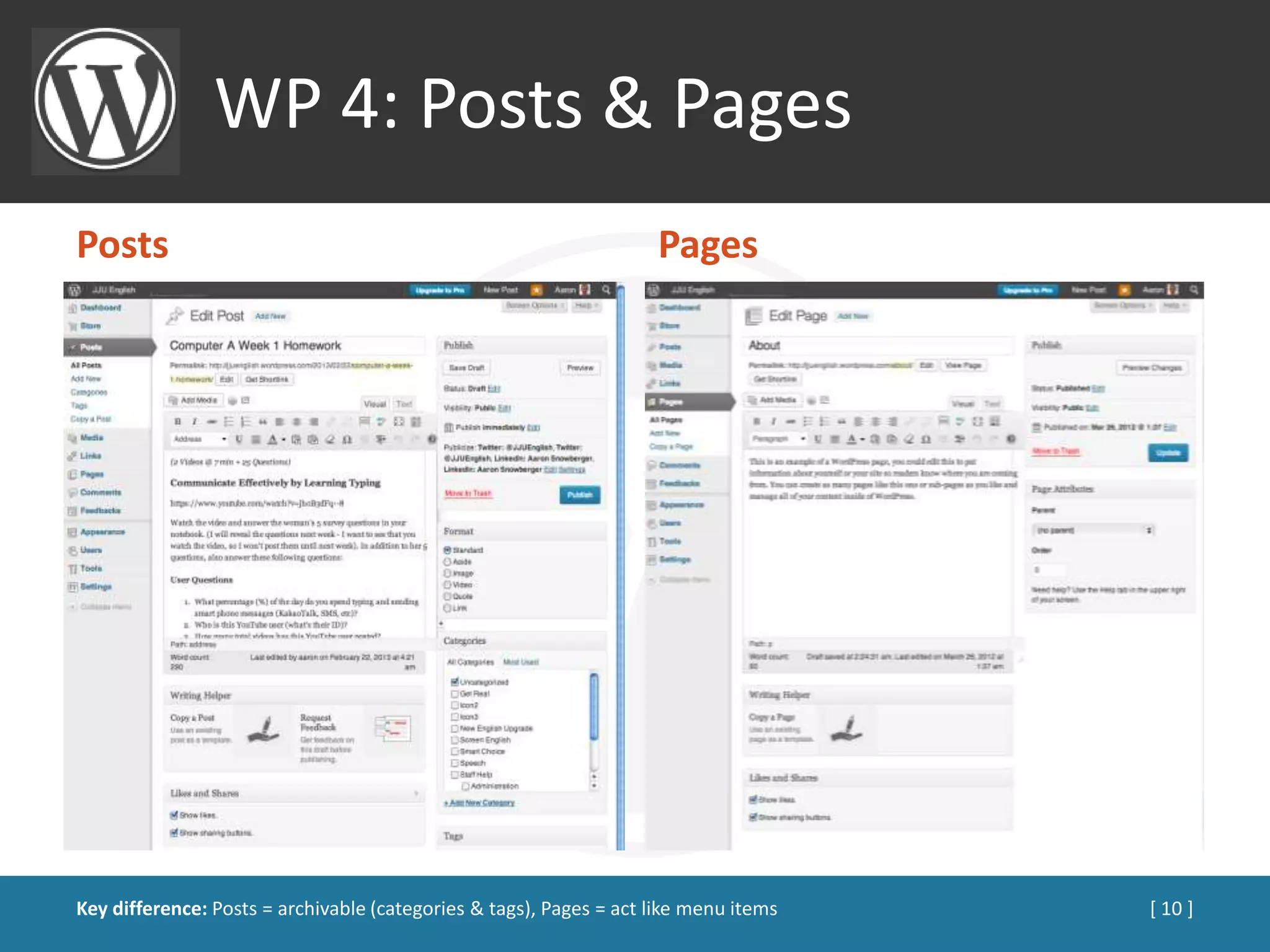WP 4: Posts & Pages
Posts                                                               Pages




Key difference: Posts = archivable (categories & tags), Pages = act like menu items   [ 10 ]
 