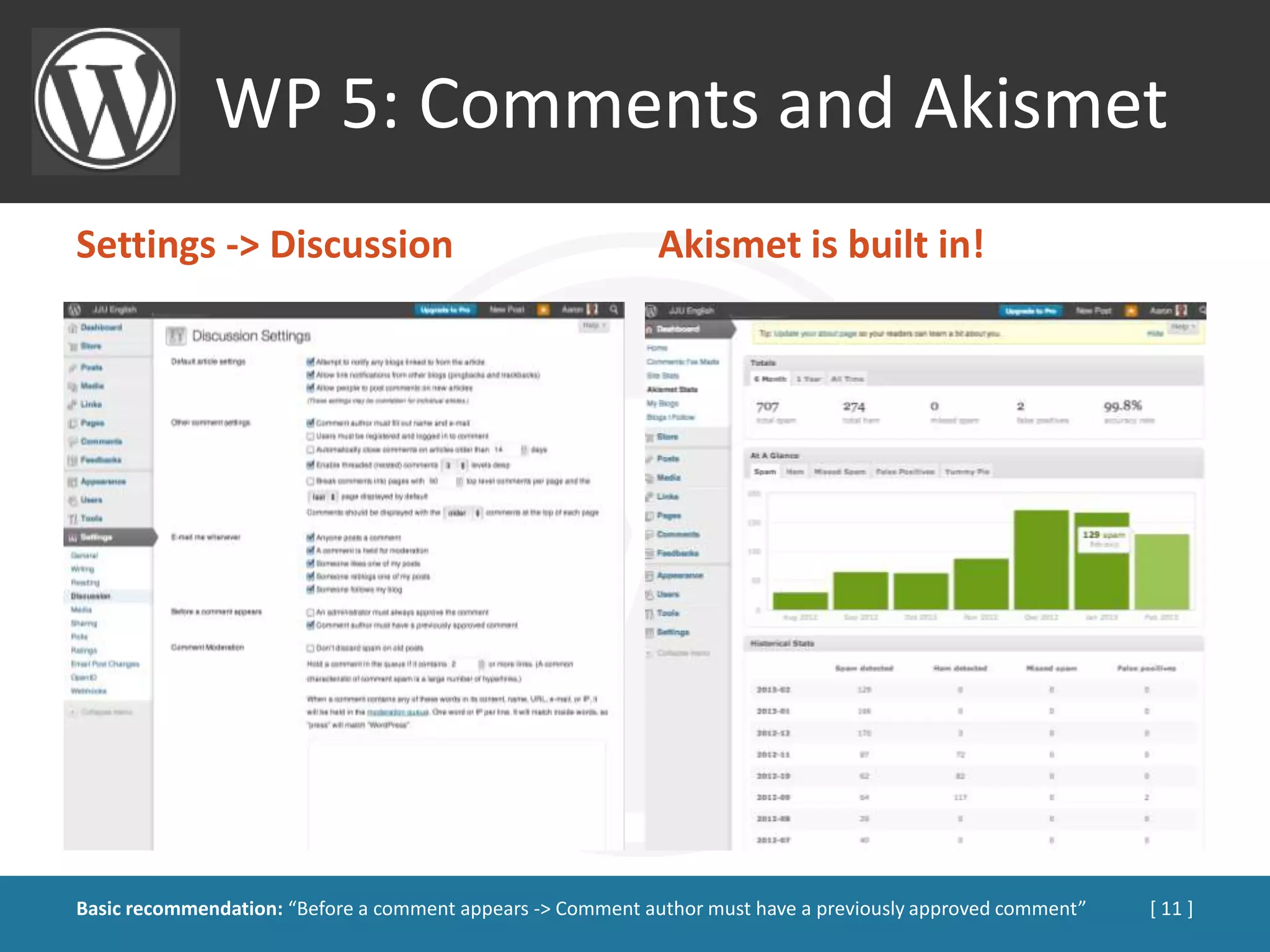 WP 5: Comments and Akismet
Settings -> Discussion                                       Akismet is built in!




Basic recommendation: “Before a comment appears -> Comment author must have a previously approved comment”   [ 11 ]
 