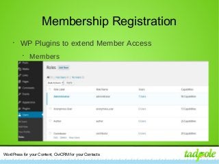 WordPress for your Content, CiviCRM for your Contacts
Membership Registration
•
WP Plugins to extend Member Access
•
Members
 