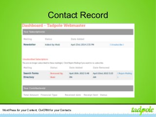 WordPress for your Content, CiviCRM for your Contacts
Contact Record
 