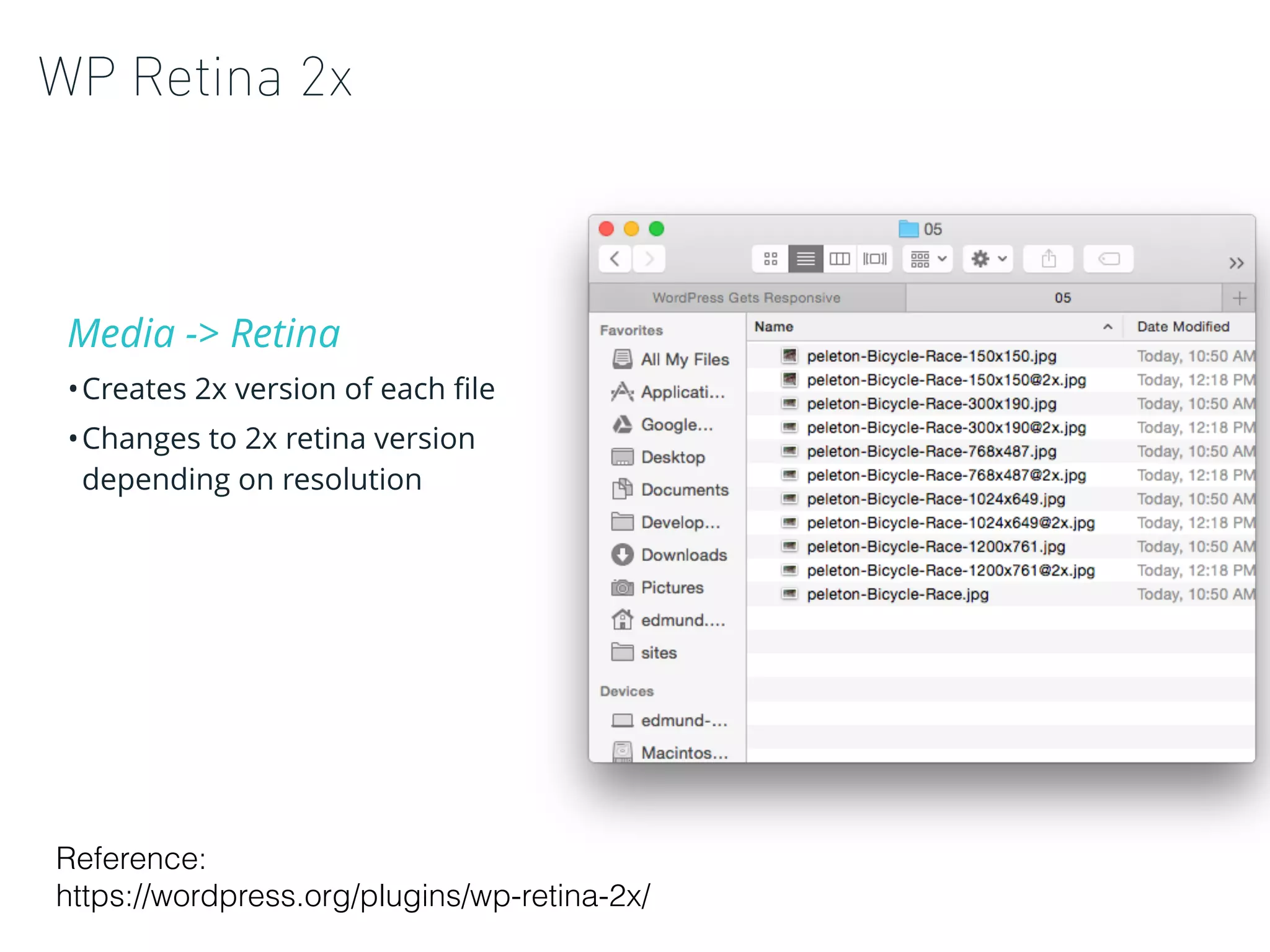 WP Retina 2x
Media -> Retina
•Creates 2x version of each ﬁle
•Changes to 2x retina version
depending on resolution
Reference:
https://wordpress.org/plugins/wp-retina-2x/
 