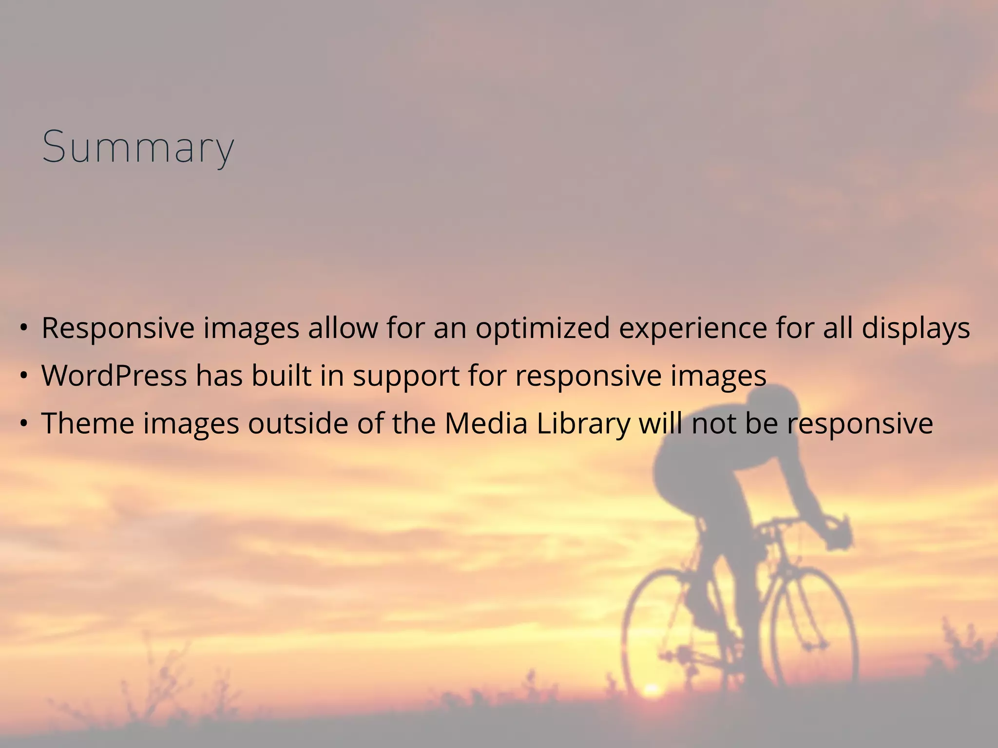 Summary
• Responsive images allow for an optimized experience for all displays
• WordPress has built in support for responsive images
• Theme images outside of the Media Library will not be responsive
 