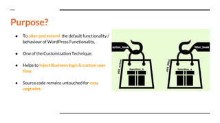 ● To alter and extend the default functionality /
behaviour of WordPress Functionality.
● One of the Customization Technique.
● Helps to Inject Business logic & custom user
flow.
● Source code remains untouched for easy
upgrades.
Purpose?
 