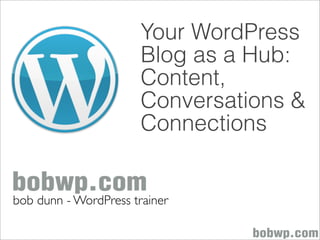 Your WordPress
                       Blog as a Hub:
                       Content,
                       Conversations &
                       Connections


bob dunn - WordPress trainer
 