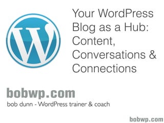 Your WordPress
                      Blog as a Hub:
                      Content,
                      Conversations &
                      Connections

bob dunn - WordPress trainer & coach
 