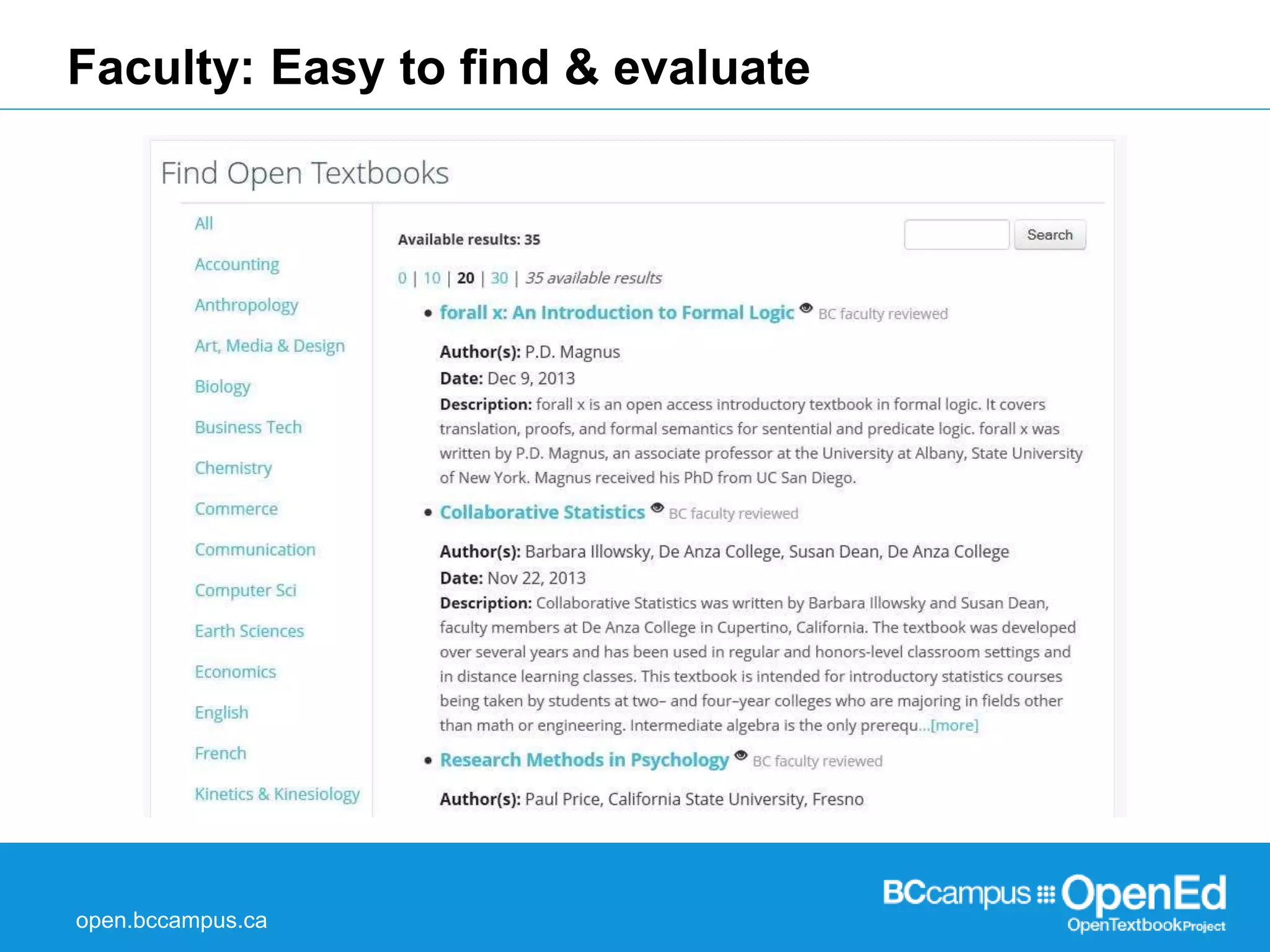 Faculty: Easy to find & evaluate 
open.bccampus.ca 
 