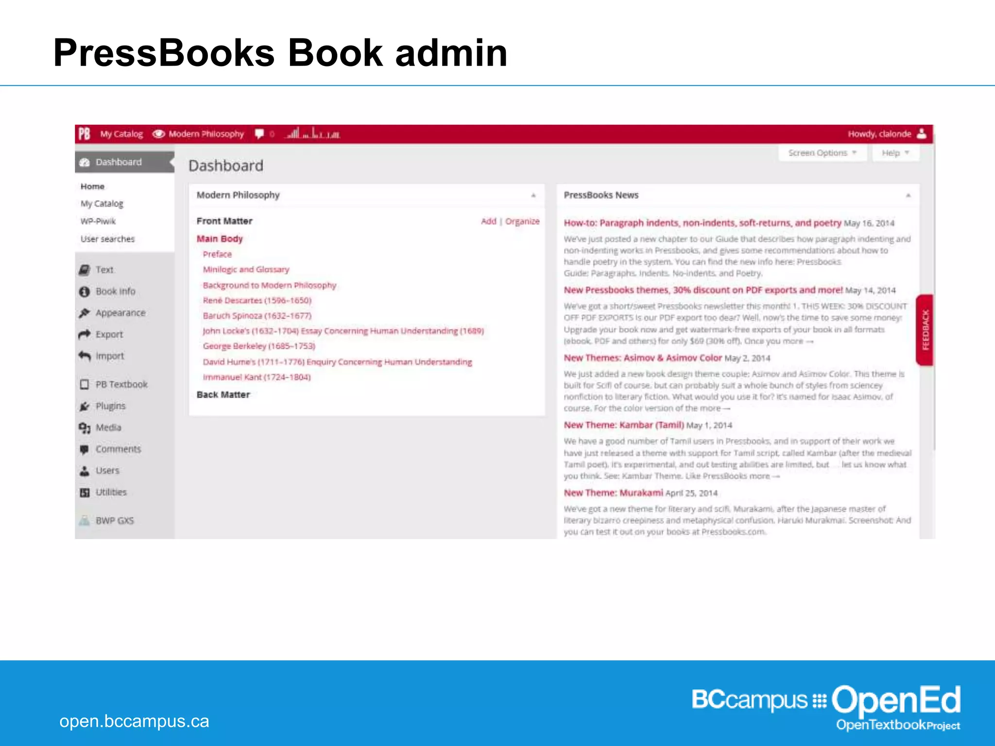 PressBooks Book admin 
open.bccampus.ca 
 
