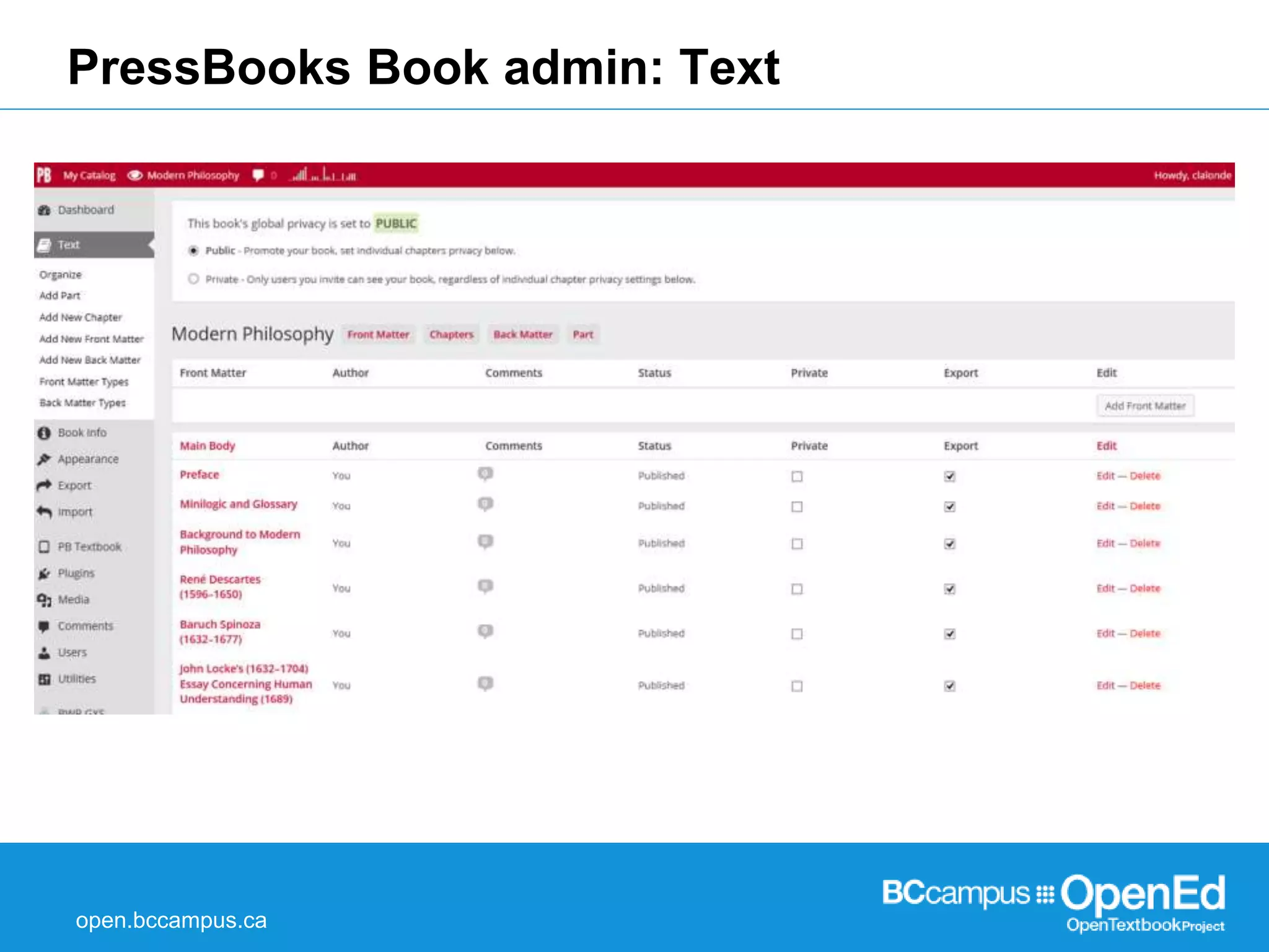 PressBooks Book admin: Text 
open.bccampus.ca 
 