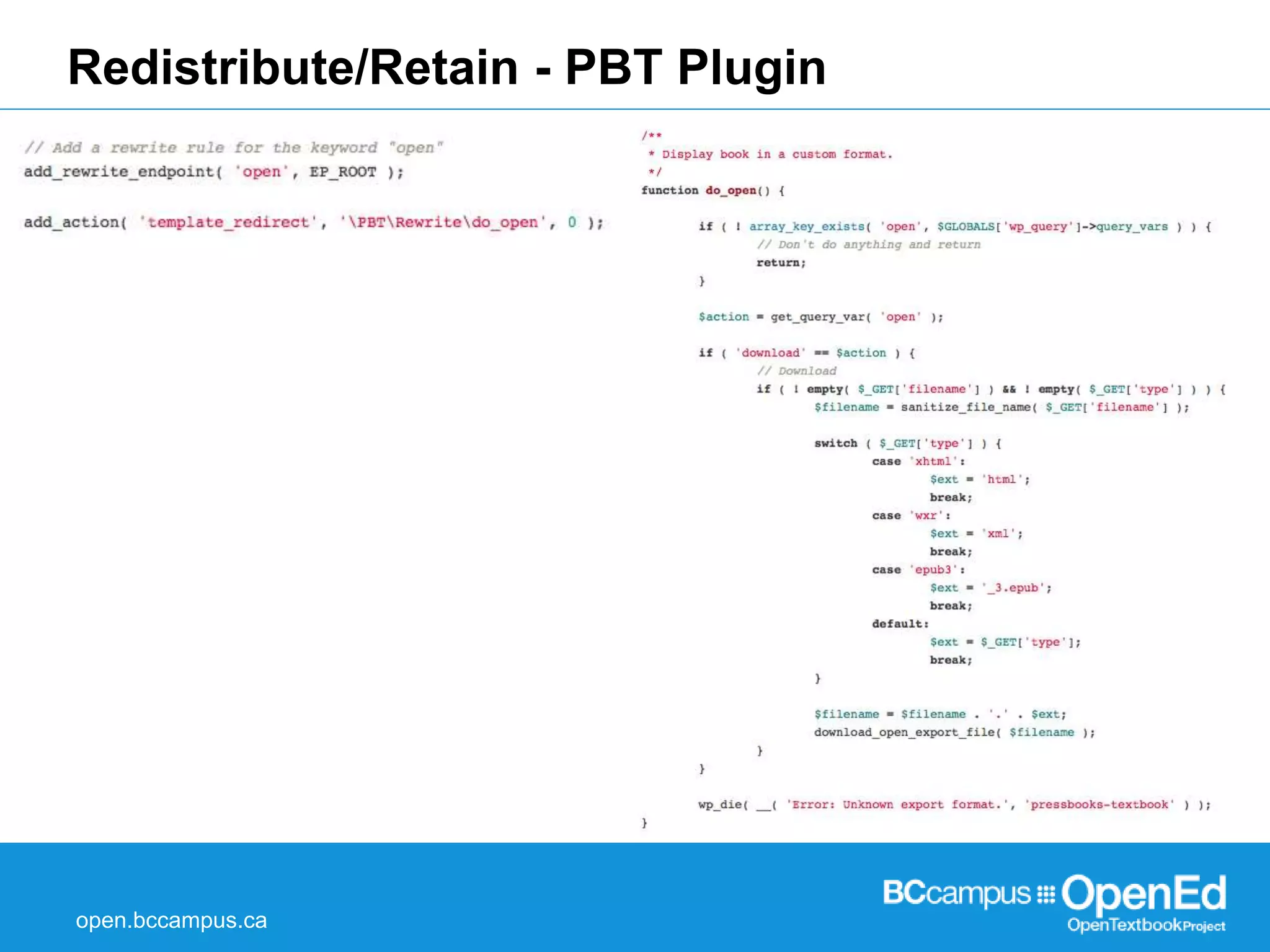 Redistribute/Retain - PBT Plugin 
open.bccampus.ca 
 