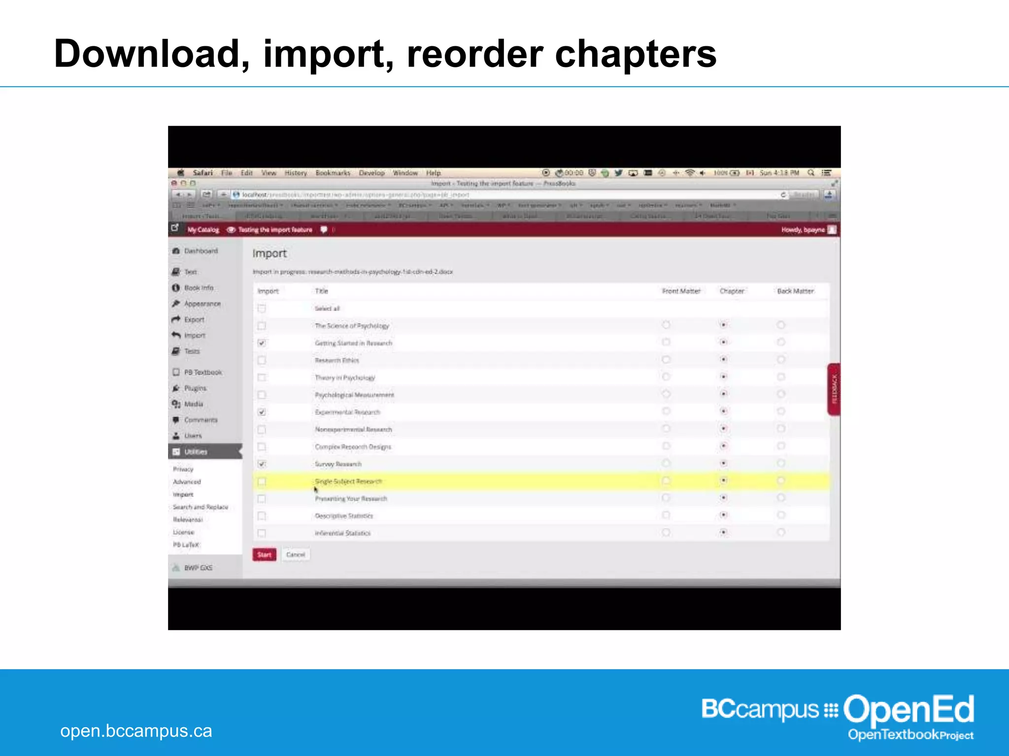 Download, import, reorder chapters 
open.bccampus.ca 
 