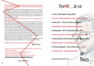 Rafael Bertrán
www.magxibz.com
46
Do you think that the actions of those who control the music indus-
try are doing the right thing in general and with regard to young
talents?
Well lately, many developers are helping young musicians in the indus-
try, and this is very good because it is difficult for any of us to start and
have opportunities. Pacha Ibiza is betting a lot on us and we are excited
to be part of this project. We will also be with Carl Cox (Space) in au-
gust we Andy Baxter b2b 2Vilas, also joining 2 gigs at Blue Marlin, the
opportunites are coming.
That you have planned for this summer 2016, as performances
and new releases?
This 2016 we have several dates at Pure Pacha, we are one of the resi-
dents of the party and have the pleasure to play alongside with classics
like Bob Sinclar, Todd Terry, Louie Vega, DJ Sneak, plus we also do the
opening of, We Are the Night by Insane Pacha. We have other perfor-
mances in Malta, Dublin, Belgium, among others. As far as production,
a lot of tracks on the way. A vinyl EP with WaxIsgud and we start our
new label which will be only vinyl, Isla Records. We will be taking part
of Various vinyl releases on label System2 and a digital EP d on the
same label. These past few days one of our tracks was accepted for a
various compilation on Politics of Dancing Records. Also, we have the
opportunity to mix the official Insane by Pacha CD.
Thank you very much to MagXIbz and Raf for helping young musicians
and giving everything for this industry :) A big hug to all of 2Vilas.
Thanks for your time guys, I wish you many successes
https://twitter.com/2Vilas?refsrc=emailhttp://soundcloud.
com/twovilasdjs/
http://www.residentadvisor.net/dj/2vilas
http://www.facebook.com/2vilas
https://www.beatport.com/artist/2vilas/239627
Booking management: miguel@pacha.com
JAY
MORALES
TOP10 _ JUNE
www.jaymoralesmusic.com
47
1. Anna - Redemption (Orig._Mix)
2. Joeski - Babylon (Mihalis_Safras_Africano_Rmx)
3. Slam, Mr V - Take You There (Orig. Mix)
4. CamelPhat - Make Em Dance (Orig._Mix)
5. Dubspeeka - K377 Unfriended (Orig. Mix)
6. Darius Syrossian - Mischief Brew (wAFF Remix)
7. Alaia & Gallo ft. Kevin Haden - Who Is He (Orig. Mix)
8. Richy Ahmed - So Good (Orig. Mix)
9. German Brigante - Noose (Orig. Mix)
10. Dennis Cruz - El Agua (Orig. Mix)
 