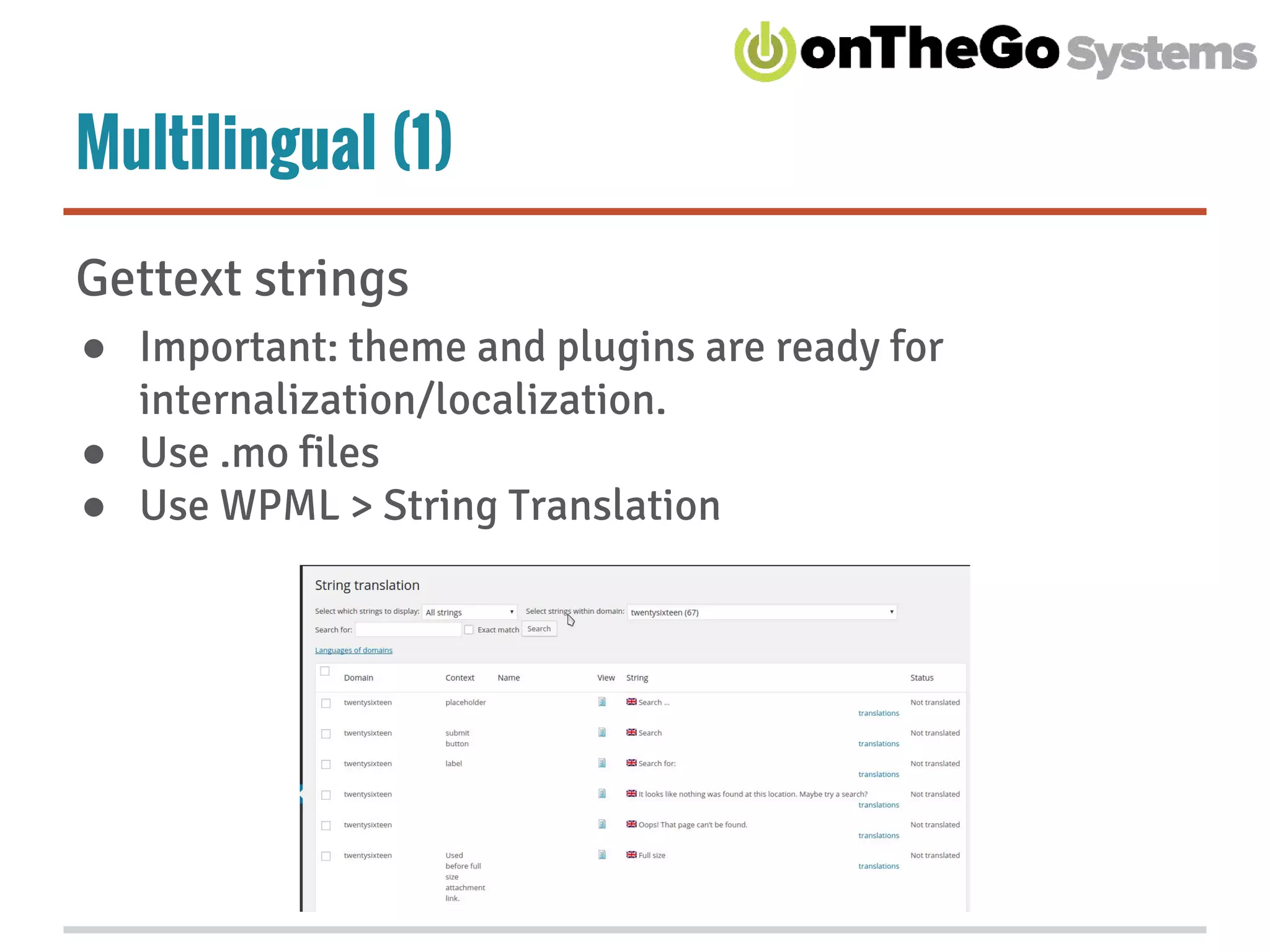 Multilingual (1)
Gettext strings
● Important: theme and plugins are ready for
internalization/localization.
● Use .mo files
● Use WPML > String Translation
 
