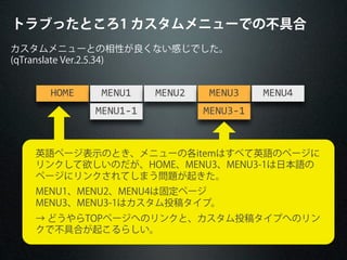 トラブったところ1 カスタムメニューでの不具合
カスタムメニューとの相性が良くない感じでした。
(qTranslate Ver.2.5.34)
HOME MENU1
MENU1-­‐1
MENU2 MENU3
MENU3-­‐1
MENU4
英語ページ表示のとき、メニューの各itemはすべて英語のページに
リンクして欲しいのだが、HOME、MENU3、MENU3-1は日本語の
ページにリンクされてしまう問題が起きた。
MENU1、MENU2、MENU4は固定ページ
MENU3、MENU3-1はカスタム投稿タイプ。
→ どうやらTOPページへのリンクと、カスタム投稿タイプへのリン
クで不具合が起こるらしい。
 