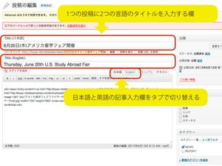 1つの投稿に2つの言語のタイトルを入力する欄
日本語と英語の記事入力欄をタブで切り替える
 