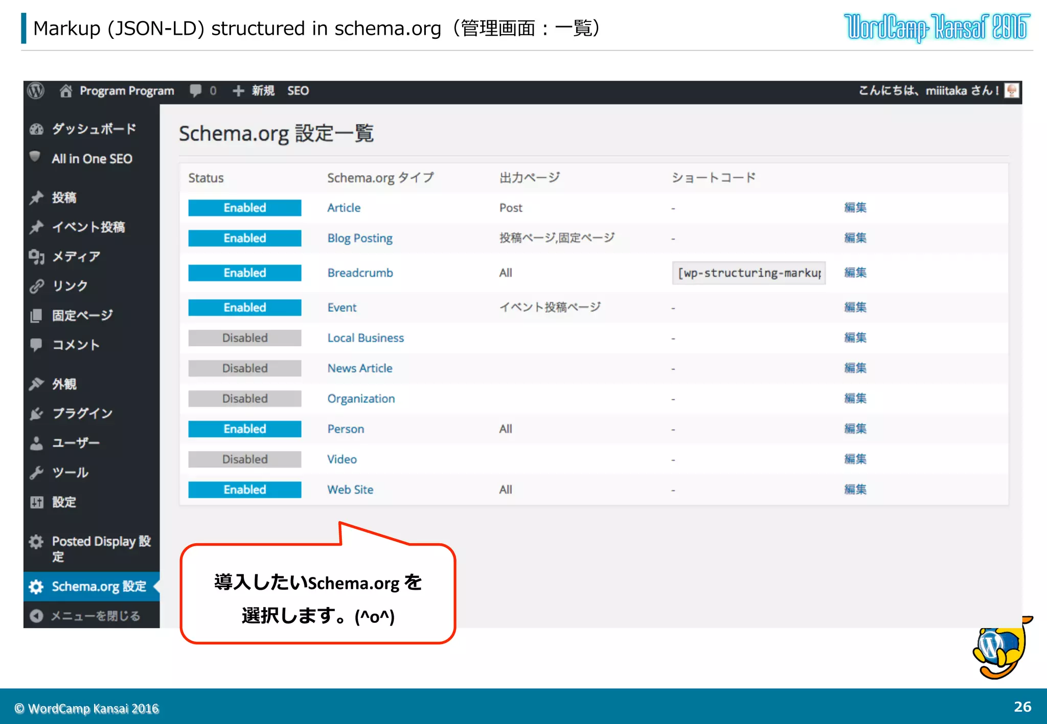 ©	
  WordCamp	
  Kansai	
  2016	
Markup  (JSON-‐‑‒LD)  structured  in  schema.org
25	
  
 